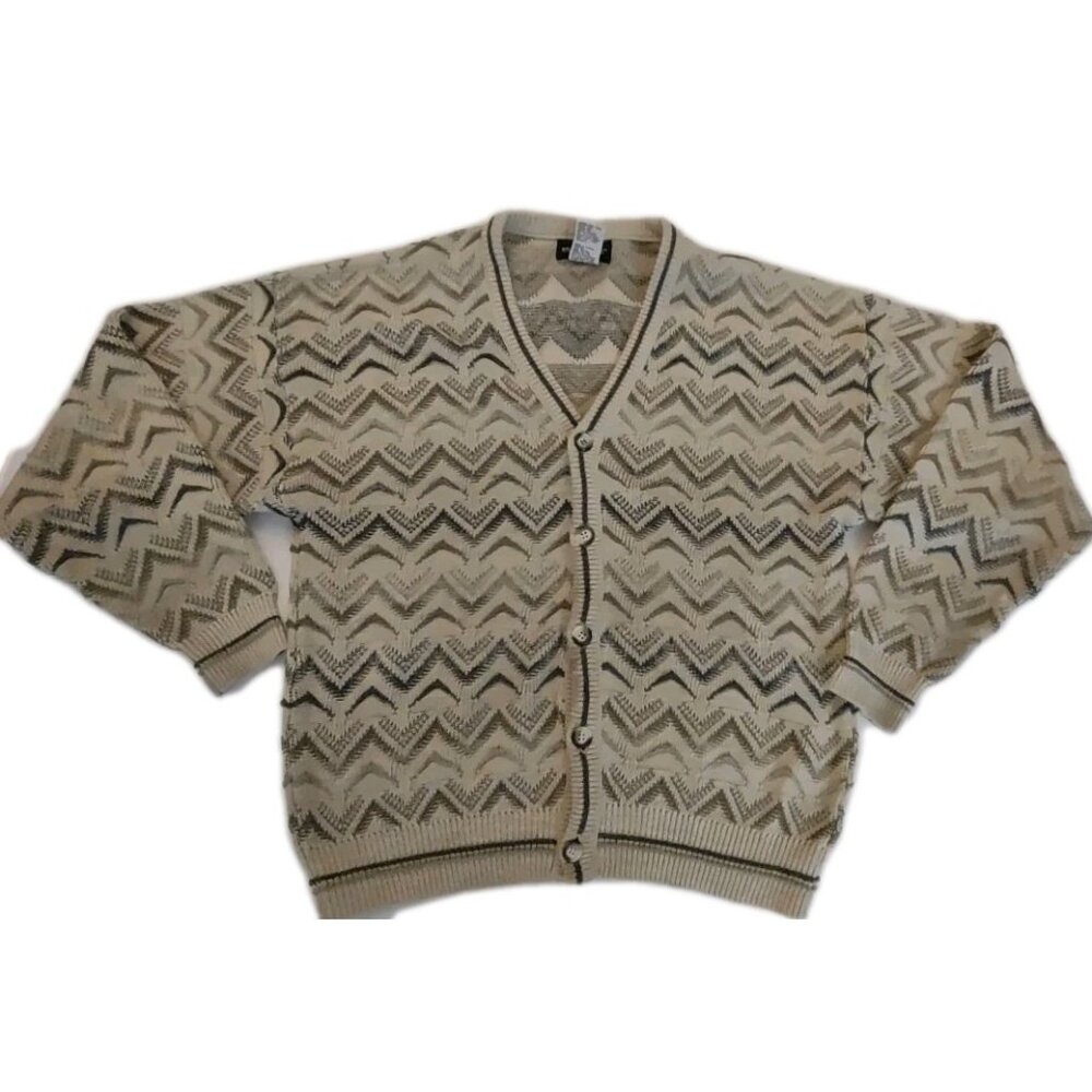 VINTAGE Expressions Sweater Men Sz M Cardigan V Neck Zig Zag Stripe Grandpa 90s